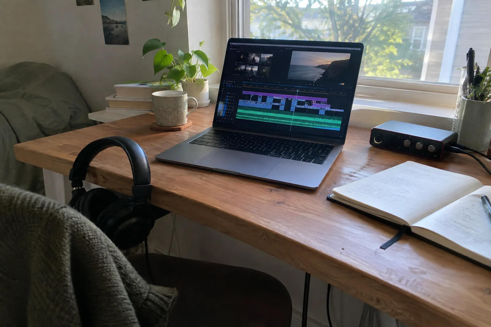 Thuisbureau bij het raam met een laptop vol videomontage, een koptelefoon en een audio-interface