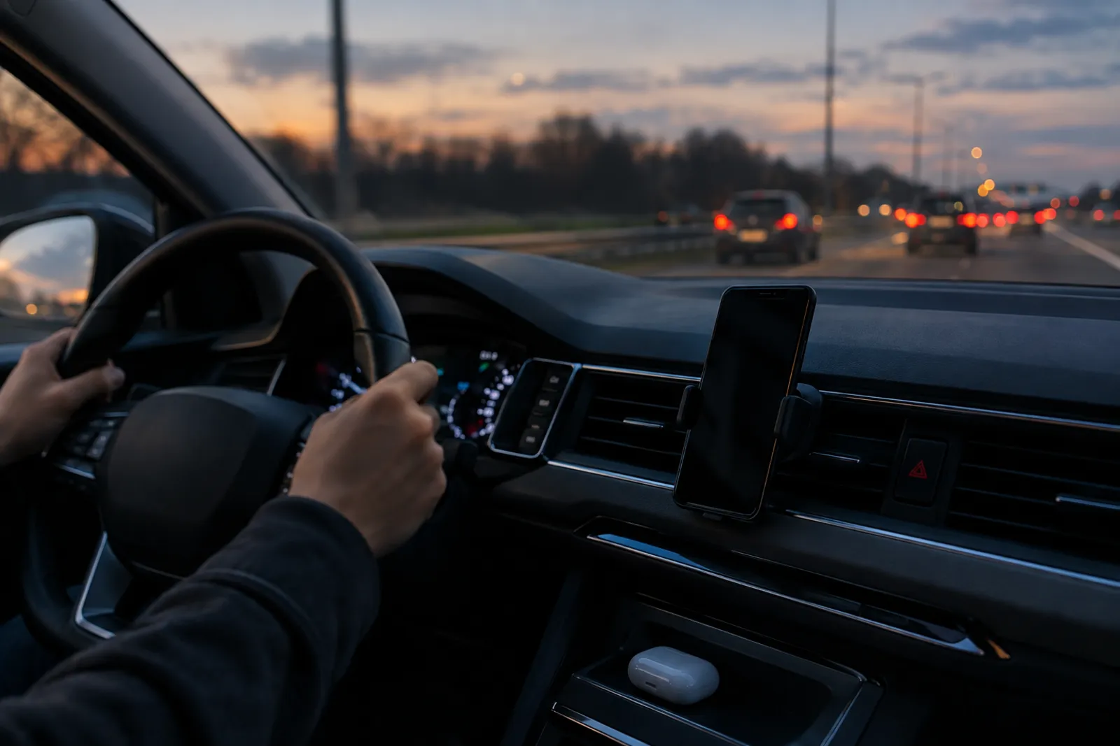 Dashboard van een auto op de snelweg in de schemering, met een telefoon in een houder en oordopjes op de middenconsole
