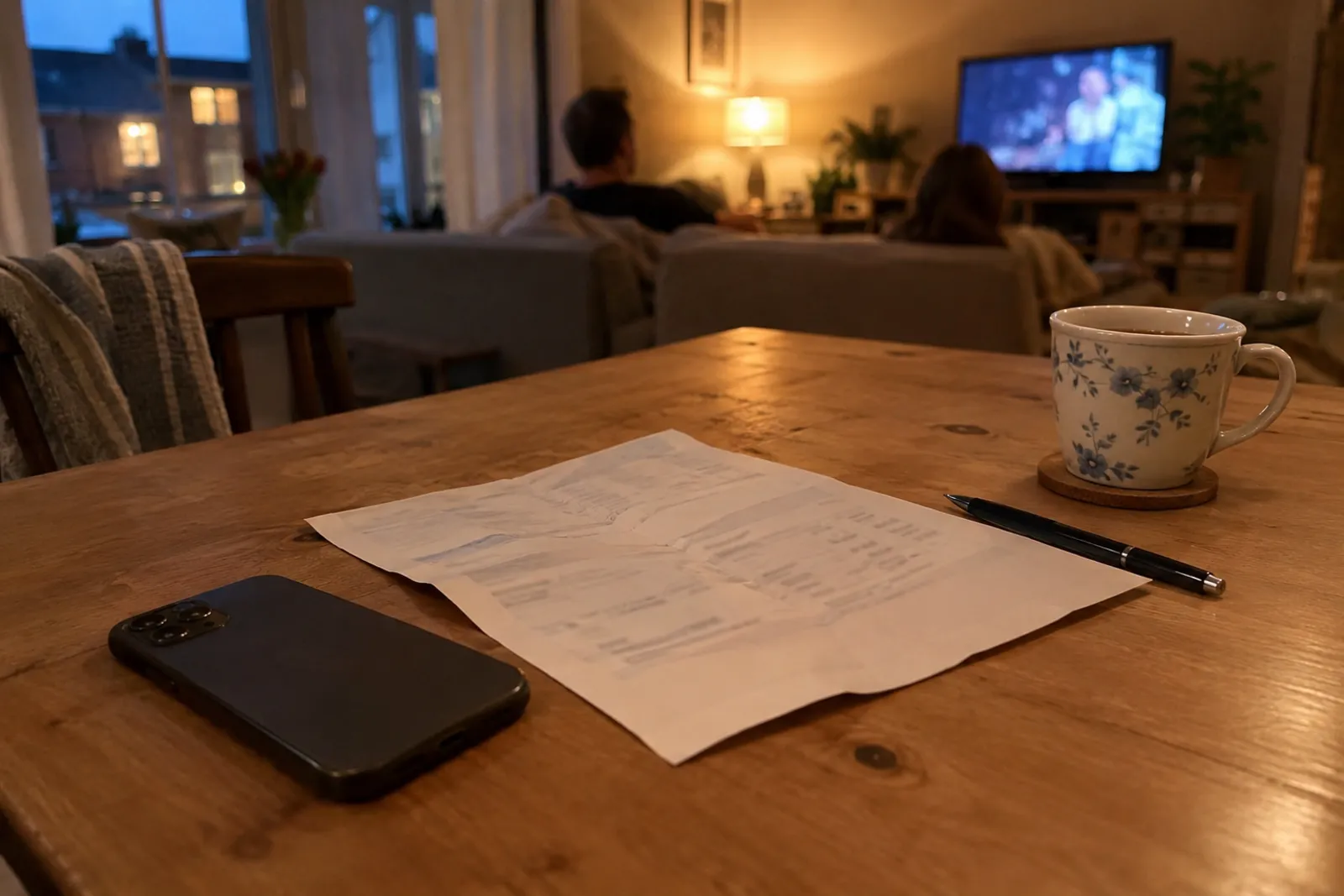 Keukentafel 's avonds met een telefoon, een rekening en een mok thee, op de achtergrond twee mensen voor de tv